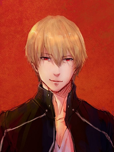 Anime picture 600x800 with fate (series) fate/stay night gilgamesh (fate) gilgamesh (immoral biker jacket) (fate) saryo single tall image fringe short hair simple background blonde hair smile hair between eyes red eyes portrait red background smirk boy