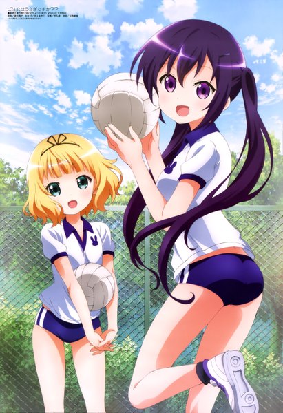 Anime picture 4090x5961 with gochuumon wa usagi desu ka? white fox megami magazine tedeza rize kirima sharo long hair tall image highres short hair open mouth blue eyes blonde hair purple eyes twintails multiple girls absurdres sky purple hair cloud (clouds) looking back