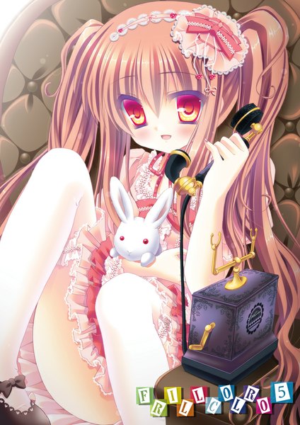 Anime picture 713x1010 with original mizuki yuuma single long hair tall image looking at viewer blush open mouth red eyes brown hair twintails animal ears loli bunny ears girl thighhighs bow hair bow animal white thighhighs