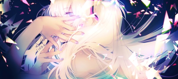 Anime picture 2246x1000 with vocaloid hatsune miku ikuhiro (19nnnkti16) single long hair looking at viewer fringe highres blue eyes wide image twintails bare shoulders white hair nail polish teeth hieroglyph dated girl debris