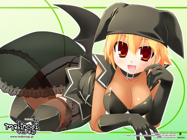 Anime picture 1280x960 with mabinogi light erotic blonde hair red eyes cleavage demon girl girl thighhighs