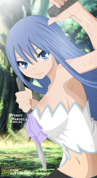 Anime picture 900x1655 with fairy tail wendy (edolas) wendytsq single long hair tall image blue eyes bare shoulders blue hair sunlight inscription armpit (armpits) coloring girl navel weapon plant (plants) tree (trees) knife