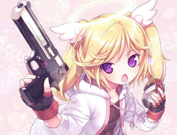 Anime picture 1000x766 with kiira single short hair open mouth blonde hair twintails purple eyes teeth fang (fangs) short twintails head wings girl weapon fingerless gloves gun halo pistol