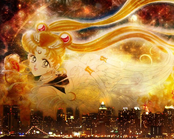 Anime picture 1280x1024 with bishoujo senshi sailor moon toei animation tsukino usagi sailor moon long hair blonde hair smile twintails wallpaper city angel wings girl