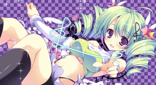 Anime picture 1177x640 with original nanaroba hana long hair looking at viewer blush open mouth wide image purple eyes green hair drill hair checkered checkered background girl dress hair ornament socks black socks musical note
