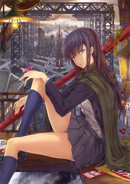 Anime picture 3253x4601 with original eshi 100-nin ten kizuki aruchu single long hair tall image highres black hair purple eyes absurdres city girl skirt weapon miniskirt sword socks katana black socks lamp