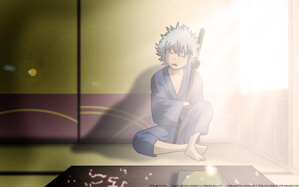 Anime picture 1680x1050 with gintama sunrise (studio) sakata gintoki single short hair wide image sitting signed silver hair eyes closed barefoot sunlight wallpaper hug crossed arms sleeping curly hair boy weapon sword