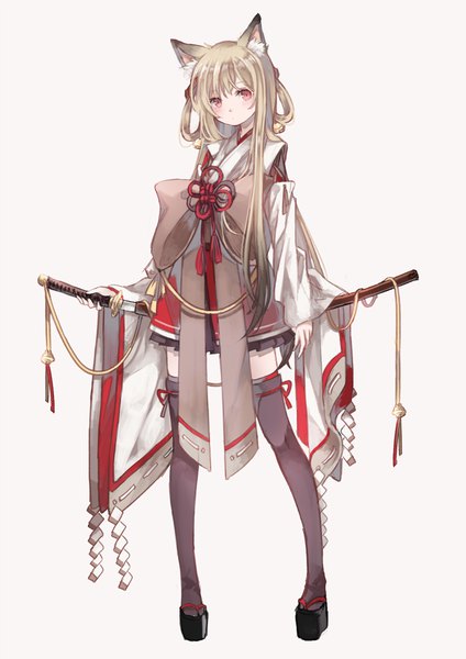 Anime picture 768x1087 with original oro ponzu single long hair tall image looking at viewer fringe simple background blonde hair hair between eyes standing animal ears full body tail traditional clothes japanese clothes animal tail pleated skirt pink eyes wide sleeves