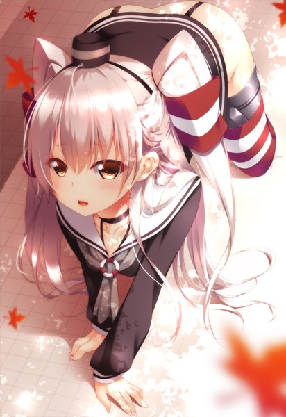 Anime picture 1100x1600 with kantai collection amatsukaze destroyer shokuyou mogura single long hair tall image looking at viewer blush open mouth light erotic brown eyes white hair two side up girl thighhighs hair ornament hat leaf (leaves) hair tubes sailor suit