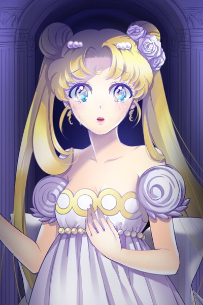 Anime picture 834x1250 with bishoujo senshi sailor moon toei animation tsukino usagi princess serenity shainea single long hair tall image looking at viewer blush fringe blue eyes blonde hair twintails bare shoulders parted lips hair flower lips hair bun (hair buns) tears