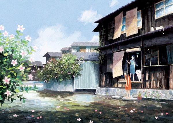 Anime picture 1500x1071 with original yuuko (nora0x0) long hair multiple girls sky cloud (clouds) braid (braids) grey hair girl dress skirt flower (flowers) 2 girls plant (plants) animal water building (buildings) cat potted plant dog