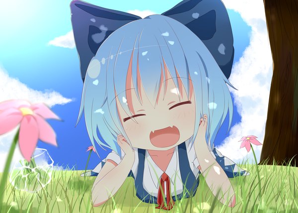 Anime picture 2800x2000 with touhou cirno akisha blush highres short hair open mouth blue hair cloud (clouds) eyes closed girl flower (flowers) bow plant (plants) hair bow grass