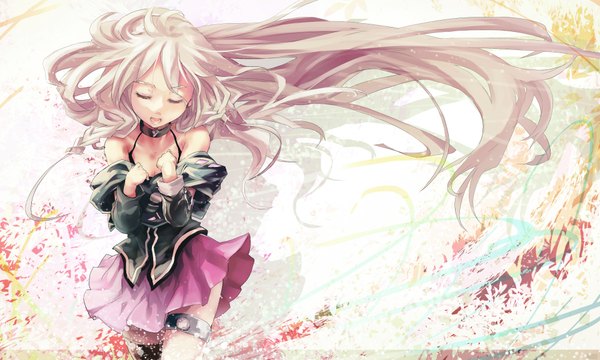 Anime picture 1920x1152 with vocaloid ia (vocaloid) k2pudding single long hair fringe highres open mouth blonde hair wide image bare shoulders eyes closed weightlessness singing girl thighhighs skirt pink skirt
