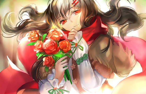 Anime picture 1332x860 with kagerou project shaft (studio) tateyama ayano zhuagui single long hair looking at viewer fringe black hair hair between eyes red eyes wind girl flower (flowers) hairclip scarf rose (roses) bouquet red rose blouse