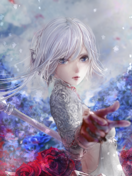 Anime picture 1125x1500 with sinoalice snow white (sinoalice) yamamoto no ari single long hair tall image fringe blue eyes hair between eyes holding looking away silver hair upper body outdoors blurry depth of field lipstick snowing pale skin red lipstick