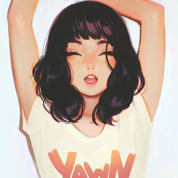 Anime picture 1080x1080 with original ilya kuvshinov single long hair fringe open mouth black hair simple background upper body blunt bangs eyes closed lips realistic mole arms up teeth short sleeves mole under eye lipstick portrait