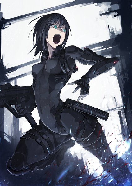 Anime picture 724x1023 with original hetza (hellshock) single tall image fringe short hair breasts open mouth light erotic black hair hair between eyes holding payot looking away bent knee (knees) aqua eyes blurry teeth from below outstretched arm