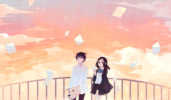 Anime picture 2000x1175 with original kyang692 long hair fringe highres short hair brown hair wide image standing holding brown eyes looking away sky cloud (clouds) scenic girl boy uniform school uniform shirt