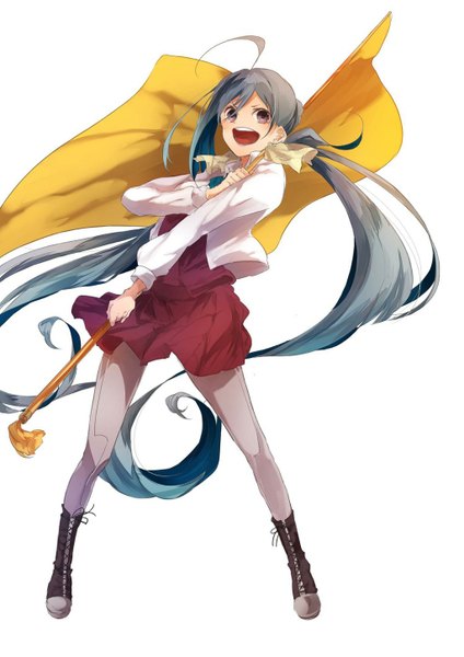 Anime picture 1024x1449 with kantai collection kiyoshimo destroyer miwano rag single tall image fringe open mouth white background purple eyes twintails blue hair ahoge very long hair grey hair low twintails girl pantyhose boots bowtie flag
