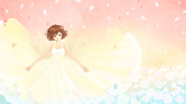 Anime picture 1600x900 with vocaloid meiko noizmoo single looking at viewer short hair brown hair wide image bare shoulders brown eyes spread arms girl dress flower (flowers) petals white dress rose (roses) white rose