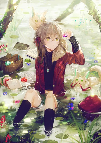 Anime picture 800x1132 with original dangmill single long hair tall image blush fringe hair between eyes brown hair sitting holding yellow eyes looking away bent knee (knees) outdoors long sleeves arm up sunlight blurry open clothes