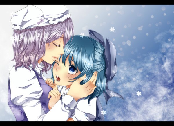 Anime picture 1600x1156 with touhou cirno letty whiterock geike short hair open mouth blue eyes multiple girls blue hair silver hair eyes closed one eye closed wink tears snowing letterboxed snow girl bow 2 girls