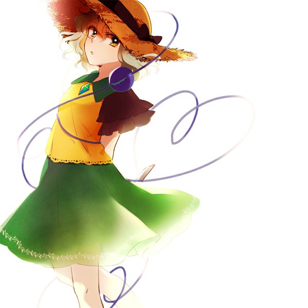 Anime picture 1000x1000 with touhou komeiji koishi yonu (yonurime) single short hair simple background white background green eyes looking away wind grey hair hands behind back leg lift (legs lift) heart of string girl skirt hat heart straw hat green skirt
