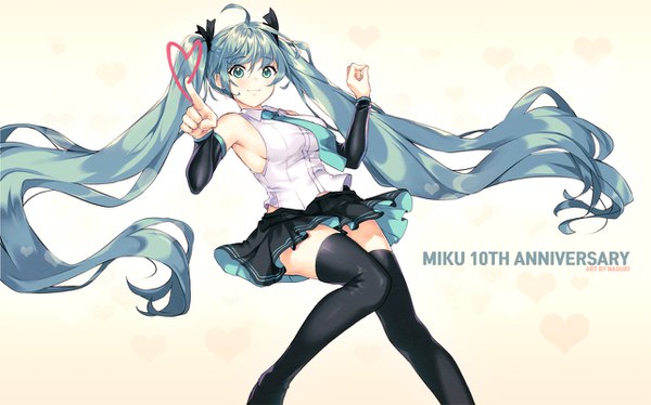 Anime picture 1283x800 with vocaloid hatsune miku naguri single looking at viewer simple background smile wide image twintails signed ahoge very long hair aqua eyes aqua hair sideboob anniversary girl thighhighs skirt black thighhighs