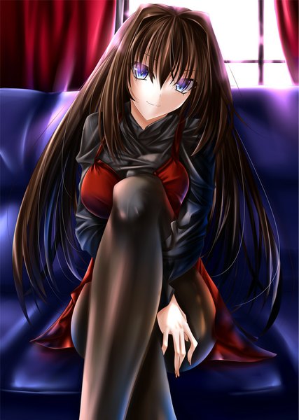 Anime picture 711x1000 with mahou tsukai no yoru aozaki aoko akeyama kitsune single long hair tall image looking at viewer blue eyes brown hair crossed legs girl dress pantyhose couch