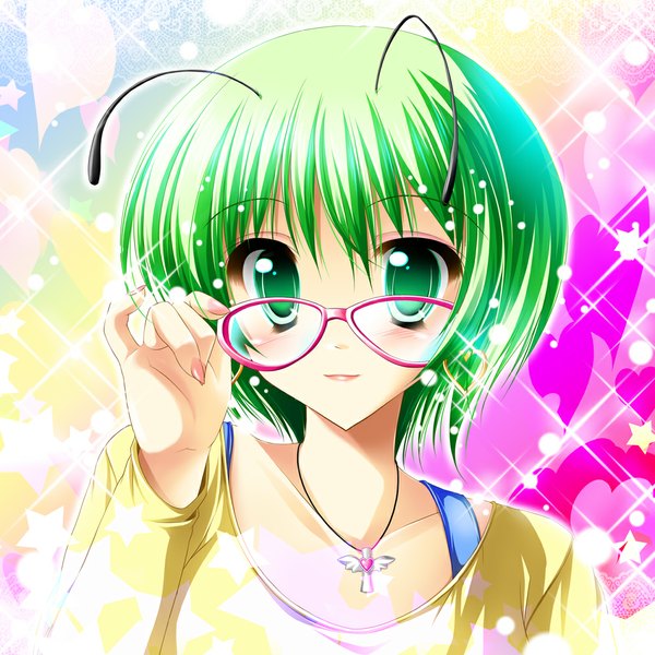 Anime picture 1000x1000 with touhou wriggle nightbug kamiya tomoe single looking at viewer blush short hair green eyes green hair sparkle bespectacled girl glasses star (symbol)