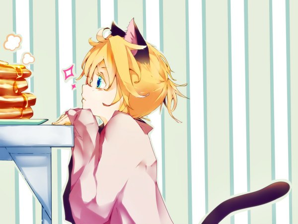 Anime picture 1200x900 with vocaloid kagamine len maclo (makuro) single short hair blue eyes blonde hair animal ears tail profile striped head rest striped background boy food pancake (pancakes)