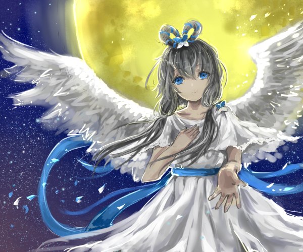 Anime picture 1200x1000 with vocaloid vocaloid china luo tianyi moriz single long hair looking at viewer blue eyes grey hair girl dress hair ornament petals wings moon