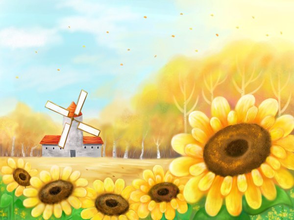 Anime picture 1920x1440 with tagme (artist) highres landscape autumn flower (flowers) tree (trees) forest sunflower windmill