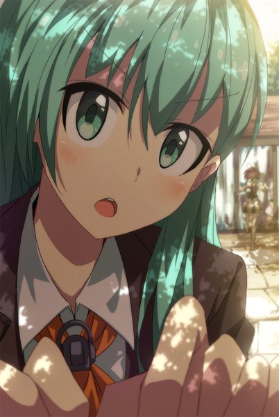 Anime picture 945x1410 with kantai collection suzuya heavy cruiser naka light cruiser tomato (lsj44867) long hair tall image looking at viewer blush fringe highres short hair open mouth smile multiple girls pink hair ahoge blurry aqua hair depth of field pov