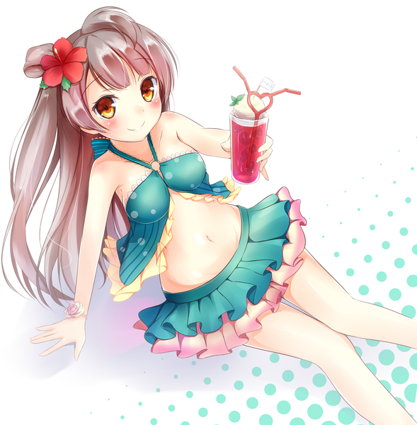 Anime picture 1200x1222 with love live! school idol project sunrise (studio) love live! minami kotori yuuyu single long hair tall image looking at viewer blush light erotic smile brown hair bare shoulders hair flower orange eyes one side up girl navel hair ornament