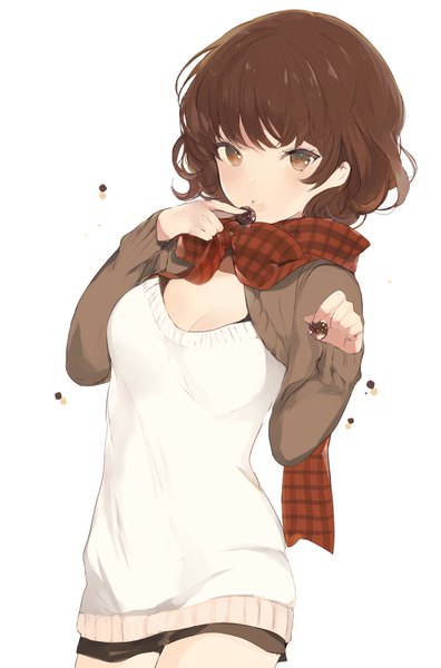 Anime picture 647x980 with original lpip single tall image blush fringe short hair brown hair white background holding brown eyes eating girl food sweets chocolate
