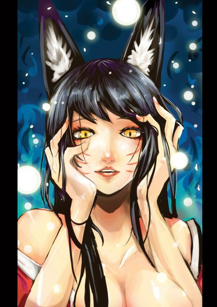 Anime picture 1061x1500 with league of legends ahri (league of legends) single long hair tall image looking at viewer breasts open mouth light erotic black hair large breasts animal ears yellow eyes facial mark whisker markings girl hands