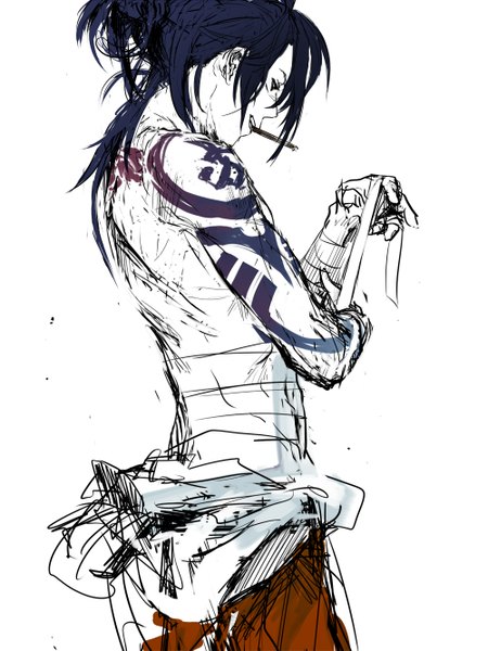 Anime picture 1000x1333 with dramatical murder nitro+chiral koujaku tagme (artist) single long hair tall image simple background white background blue hair profile teeth hair bun (hair buns) tattoo looking down boy bandage (bandages)