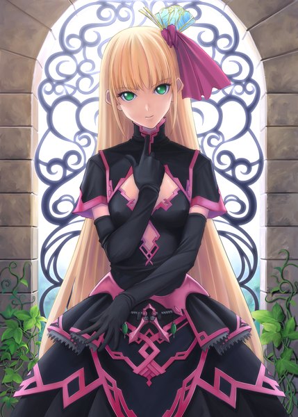 Anime picture 822x1150 with original yamagami mozuku single long hair tall image looking at viewer blonde hair green eyes girl dress gloves black gloves elbow gloves