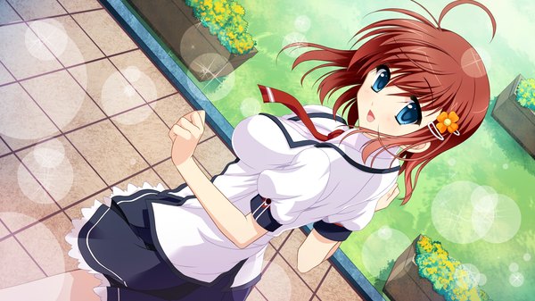 Anime picture 2048x1152 with namima no kuni no faust highres short hair blue eyes wide image game cg red hair girl skirt uniform hair ornament school uniform miniskirt hairclip