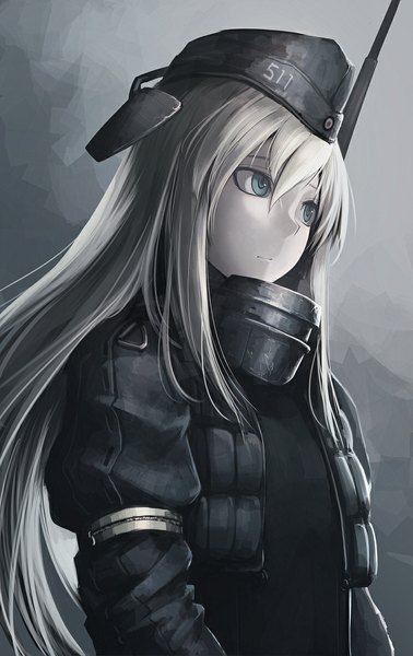 Anime picture 744x1178 with kantai collection u-511 submarine hetza (hellshock) long hair tall image fringe blue eyes simple background hair between eyes looking away white hair grey background white skin girl uniform armor military uniform field cap