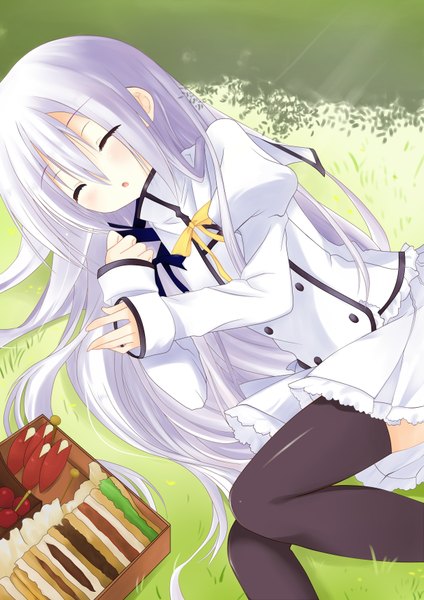 Anime picture 2480x3508 with seirei tsukai no blade dance terminus est guhua67 seika long hair tall image fringe highres open mouth hair between eyes white hair lying eyes closed loli on side sleeping frilly skirt girl thighhighs uniform