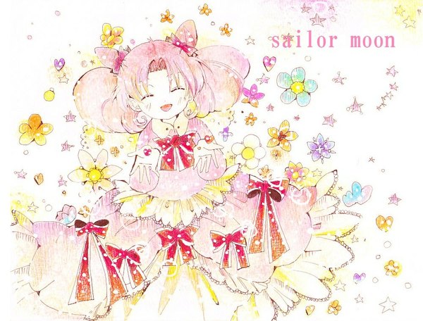 Anime picture 1000x761 with bishoujo senshi sailor moon toei animation chibiusa single long hair open mouth smile white background twintails pink hair eyes closed short twintails happy spread arms girl dress flower (flowers) bow ribbon (ribbons) hair bow
