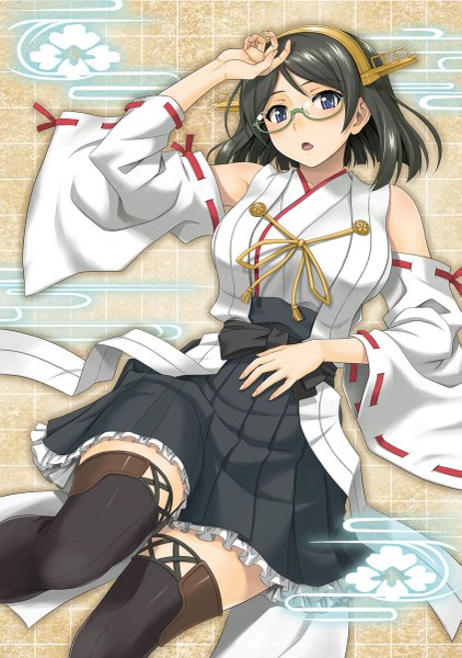 Anime picture 845x1200 with kantai collection kirishima battleship hida tatsuo single tall image looking at viewer short hair open mouth blue eyes black hair bare shoulders nontraditional miko girl thighhighs hair ornament detached sleeves glasses