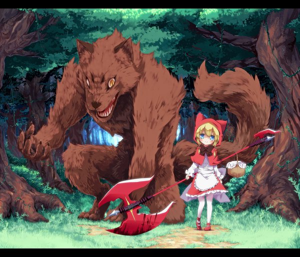 Anime picture 1400x1200 with little red riding hood original little red riding hood (character) big bad wolf ayakashi (monkeypanch) long hair looking at viewer blush fringe blue eyes blonde hair smile holding yellow eyes full body outdoors braid (braids) long sleeves teeth twin braids