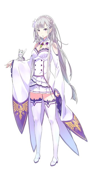 Anime picture 1723x3270 with re:zero kara hajimeru isekai seikatsu white fox emilia (re:zero) puck (re:zero) ootsuka shin'ichirou long hair tall image looking at viewer highres breasts open mouth simple background standing white background purple eyes cleavage full body braid (braids) long sleeves hair flower