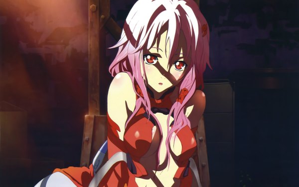 Anime picture 2560x1600 with guilty crown production i.g yuzuriha inori igawa rena (artist) single long hair blush fringe highres open mouth light erotic red eyes wide image bare shoulders pink hair sunlight center opening cropped girl bodysuit
