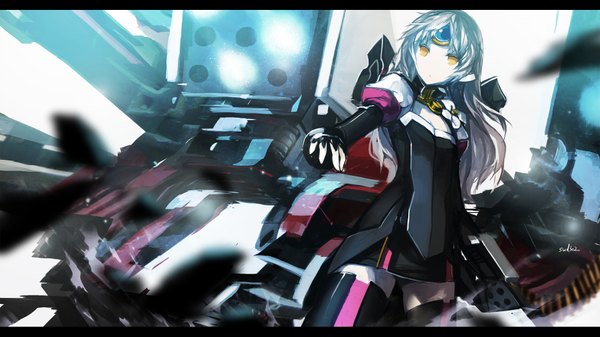 Anime picture 1814x1020 with elsword eve (elsword) swd3e2 single long hair looking at viewer highres wide image signed yellow eyes silver hair girl thighhighs dress gloves weapon fingerless gloves short dress
