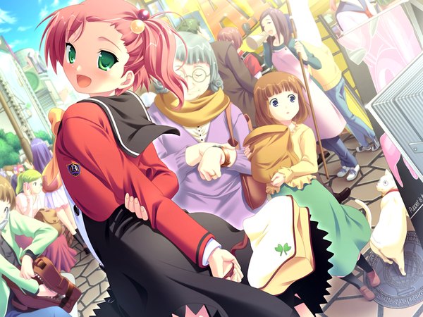 Anime picture 1024x768 with sortieange mahou club mako barchet open mouth green eyes game cg red hair group old woman girl animal serafuku cat bag crowd