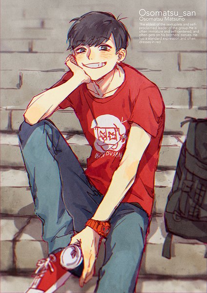 Anime picture 616x869 with osomatsu-san matsuno osomatsu io (sinking=carousel) single tall image looking at viewer blush fringe short hair black hair smile sitting black eyes arm support copyright name character names text english boy shoes